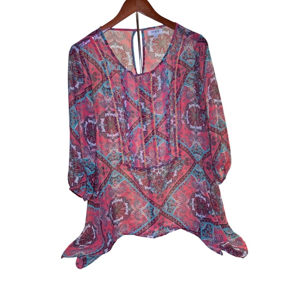 Umgee Woman's M Boho Paisley Gypsy Summer Sharkbite Tunic Pink Teal 3/4 Sleeve